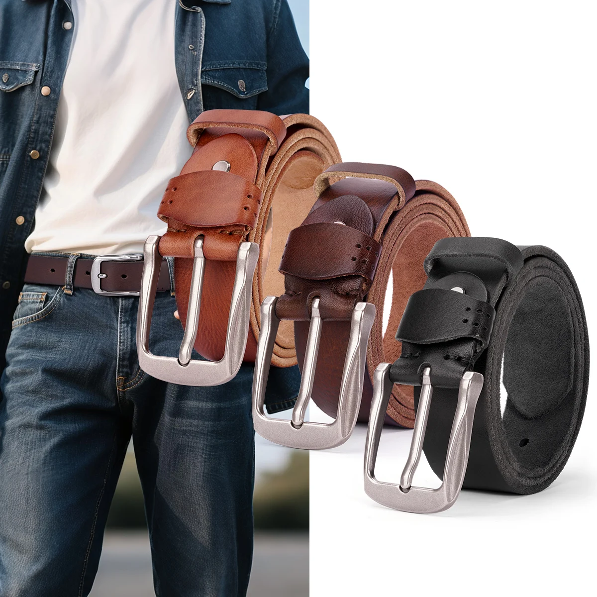 

Мужской ремень BISON DENIM из натуральной кожи, модный винтажный поясной ремень, лучший подарок, повседневные ремни для джинсов