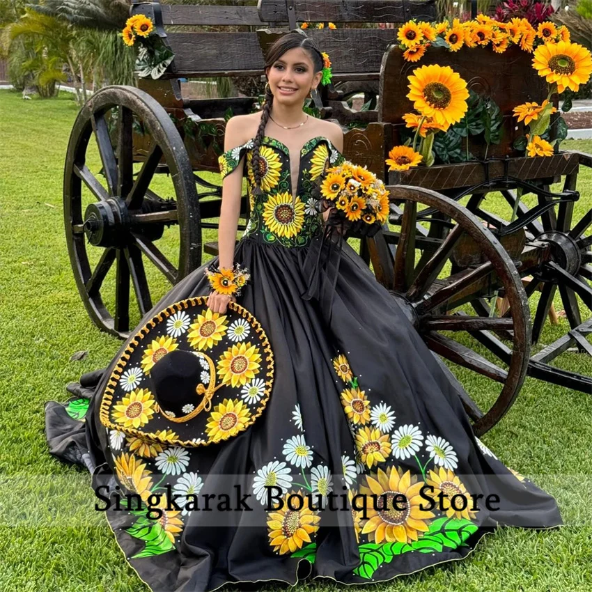 Exquisite Sonnenblumen Stickerei Ballkleid Quince anera Kleider Bogen Perlen mexikanische süße 16 Kleider Vestidos de 15 Años