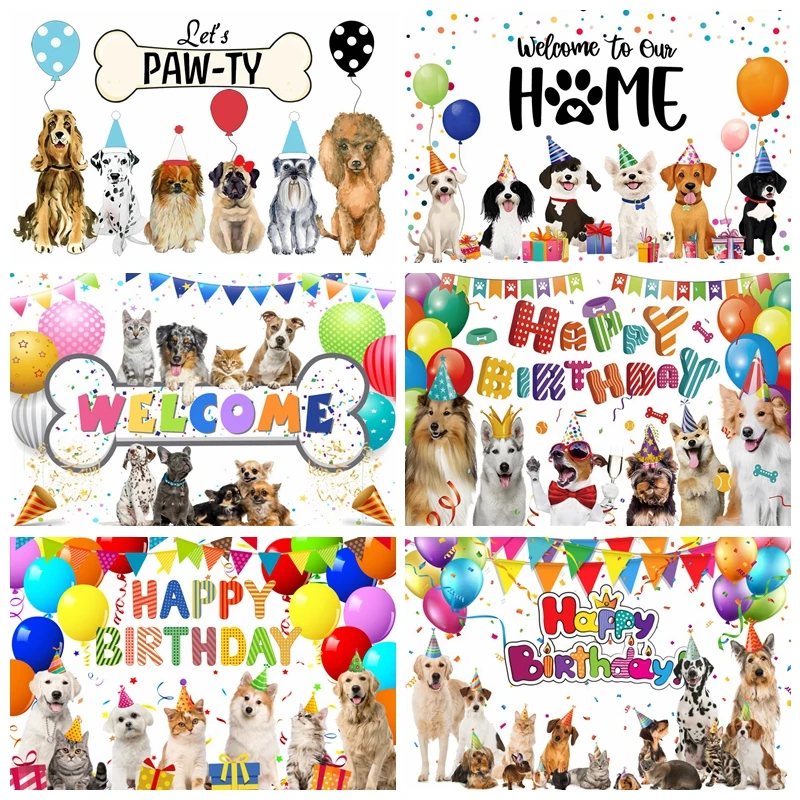 

Cats Dogs Pet Birthday Party Backdrops Photography Let's PAW-TY Balloon Background Photo Photographic Photocall Studio Shoots