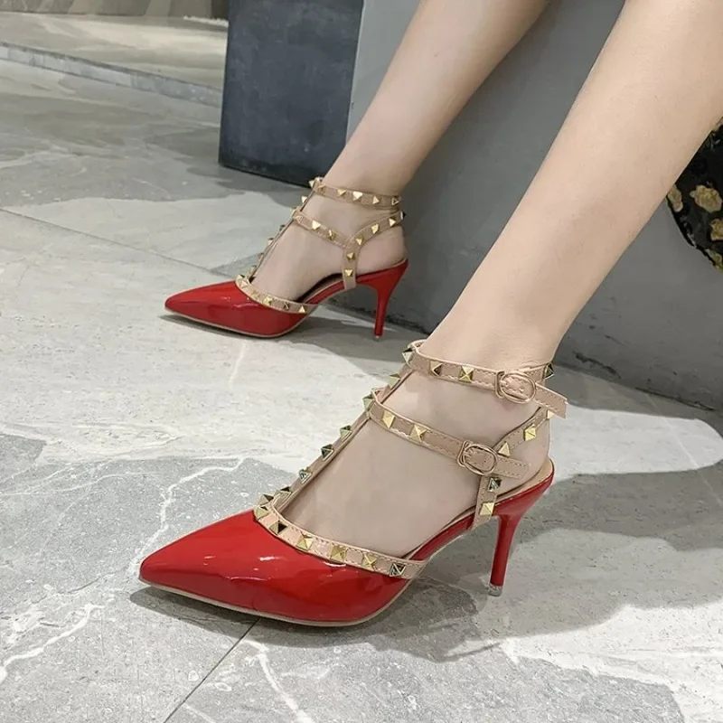 Women Fashion Sexy Sandals 2025 New Buckle Rivet Trend Pointed High Heels Shoes Dress Wedding Banquet Party High Heels Sandals