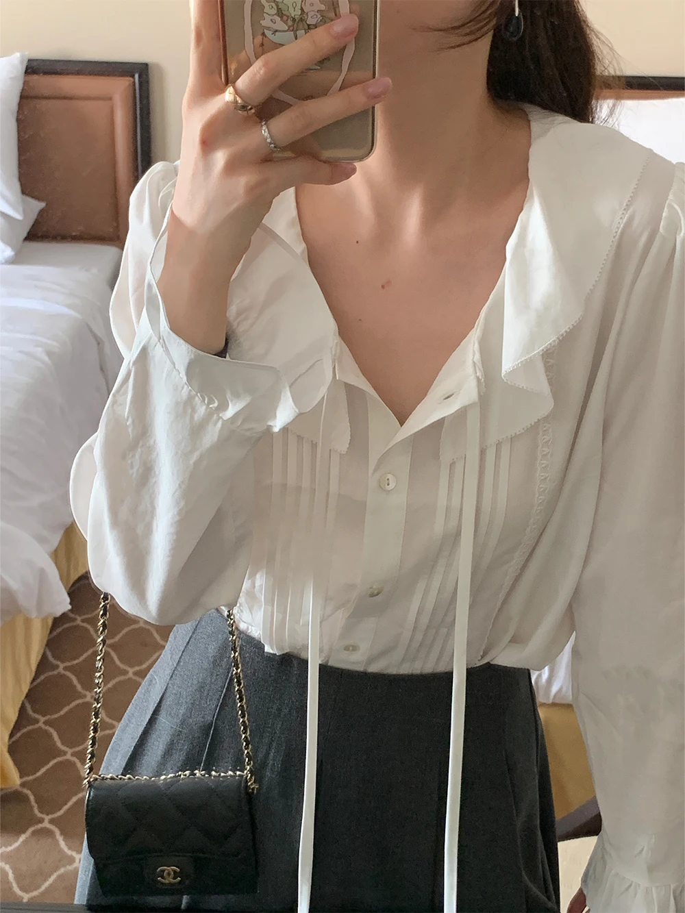 

Романтический длинный све irt LE LALIN Lacey ine Le Collar Design, прямой французский топ с застежкой на пуговицы, чистый цвет