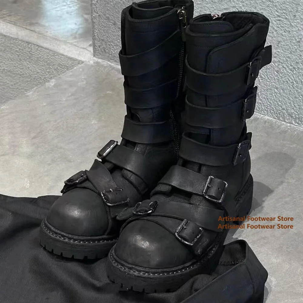 Black Multi-Belt Buckles Men's Boots Punk Style High Top Motorcycle Boots Males Trendy Handmade Luxury Designer Men's Boots