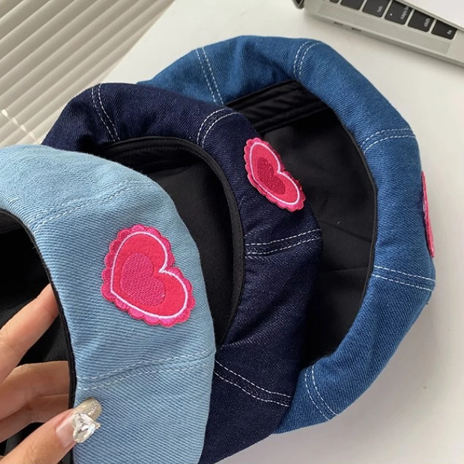 Cowboy Beret Women With Metal Label Summer Korean Version Elegant Jeans Painter Hat Cotton Hat Outdoor Ins Trend 2023 Hat Female