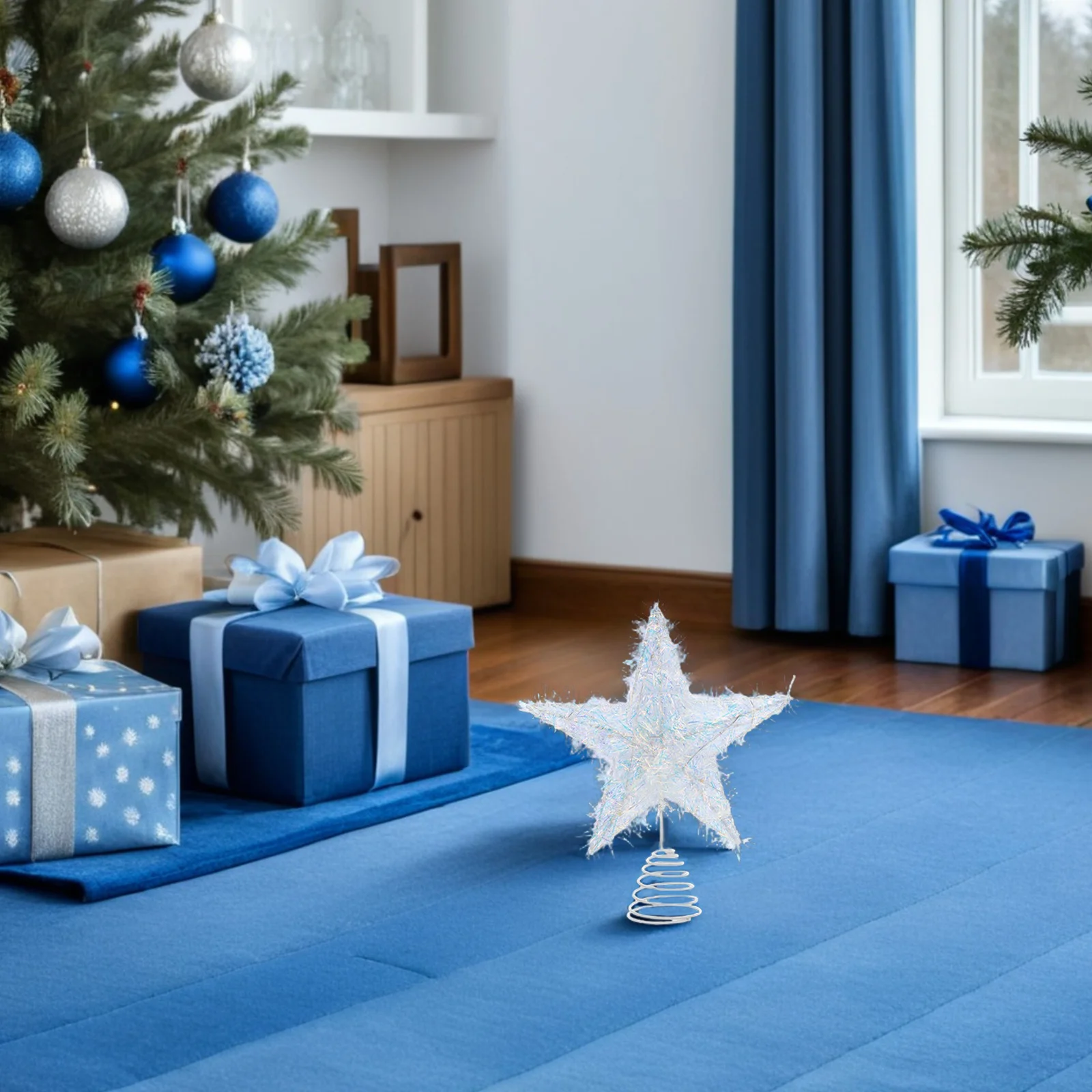 

20 Warm Lit Christmas Tree Star Topper - Glittery Iron Star with Spring Base, Modern Lighted Tree Finial for Living Room Bedroom