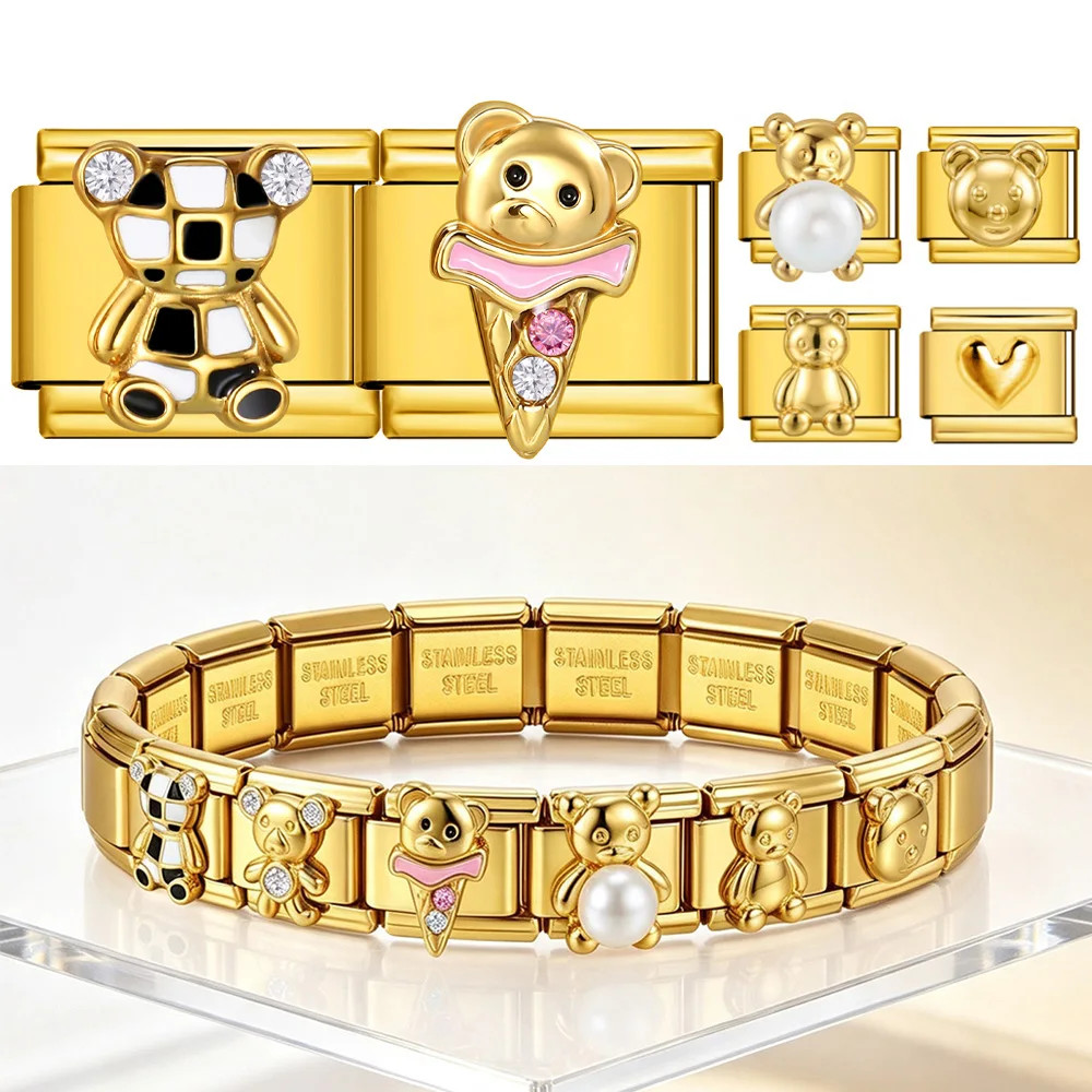 Women Men Gold Color Italian 9mm Jewelry Link DIY  Trendy 3D Stereo Ice Cream Teddy Bear Making Stainless Steel Bracelet Gifts