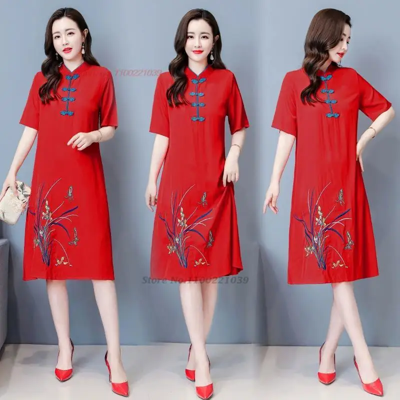 

2024 traditional chinese vintage dress improved qipao national flower embroidery cheongsam dress oriental folk a-line dress