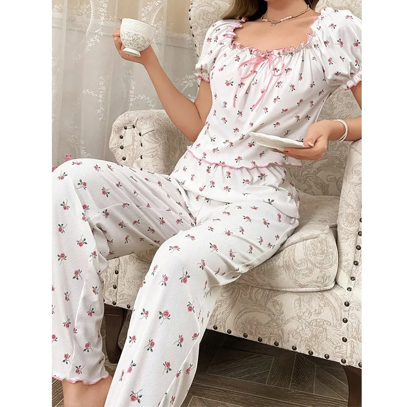 Nuevo conjunto de ropa para el hogar para mujer de invierno, pantalones largos de manga corta, ropa para el hogar estilo princesa dulce para niña, conjunto de dos piezas a la moda