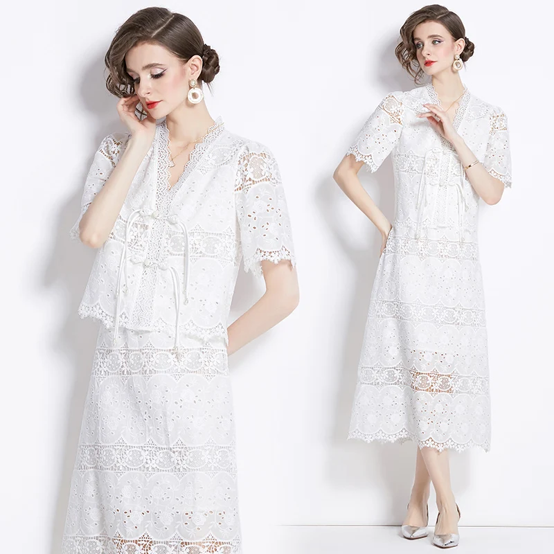 

Design Sense Niche Light Luxury Sweet Dress Women's Summer New Fashion V-Neck Short Sleeved Lace Embroidery Two Piece Set