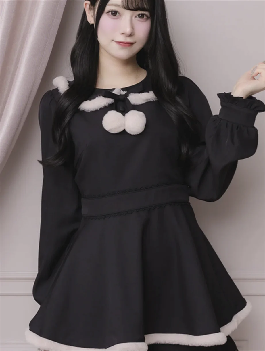 Japanese Style Elegant Sweet Plush Doll Collar Lace-up Bow Long Sleeve Lolita Mini Dress High Waist Shorts Two-Piece Set Women