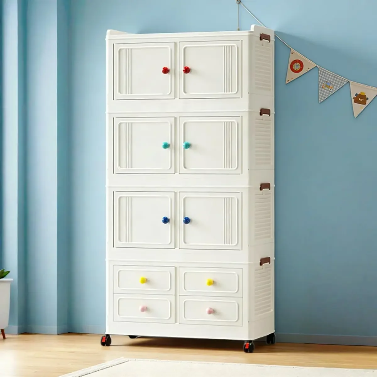 

Foldable Storage Cabinet With Bin Four Drawers Sturdy Large Capacity Cupboard Organizer Wheels Lids For Home Dorm Apartment Easy