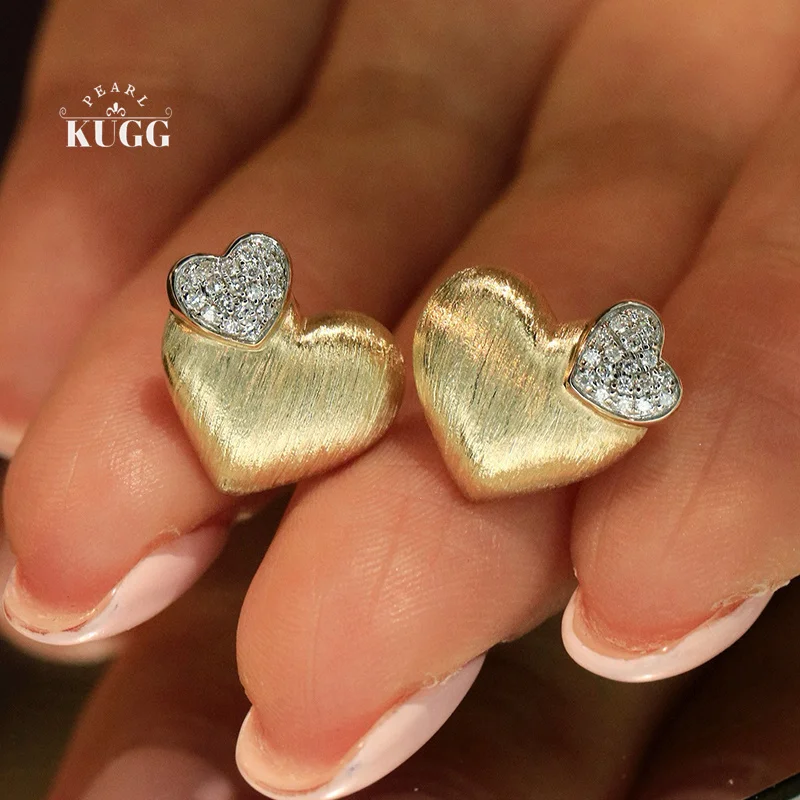 

KUGG серьги из 100% желтого золота 18 карат, женские романтические серьги-гвоздики в форме сердца с настоящими натуральными бриллиантами, высокие свадебные украшения