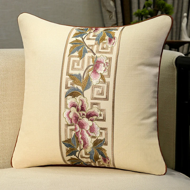 European Linen-cotton Cushion Cover Handmade Embroidered Floral Classic Elegant Pillow Case for Sofa Living Room Home Decor