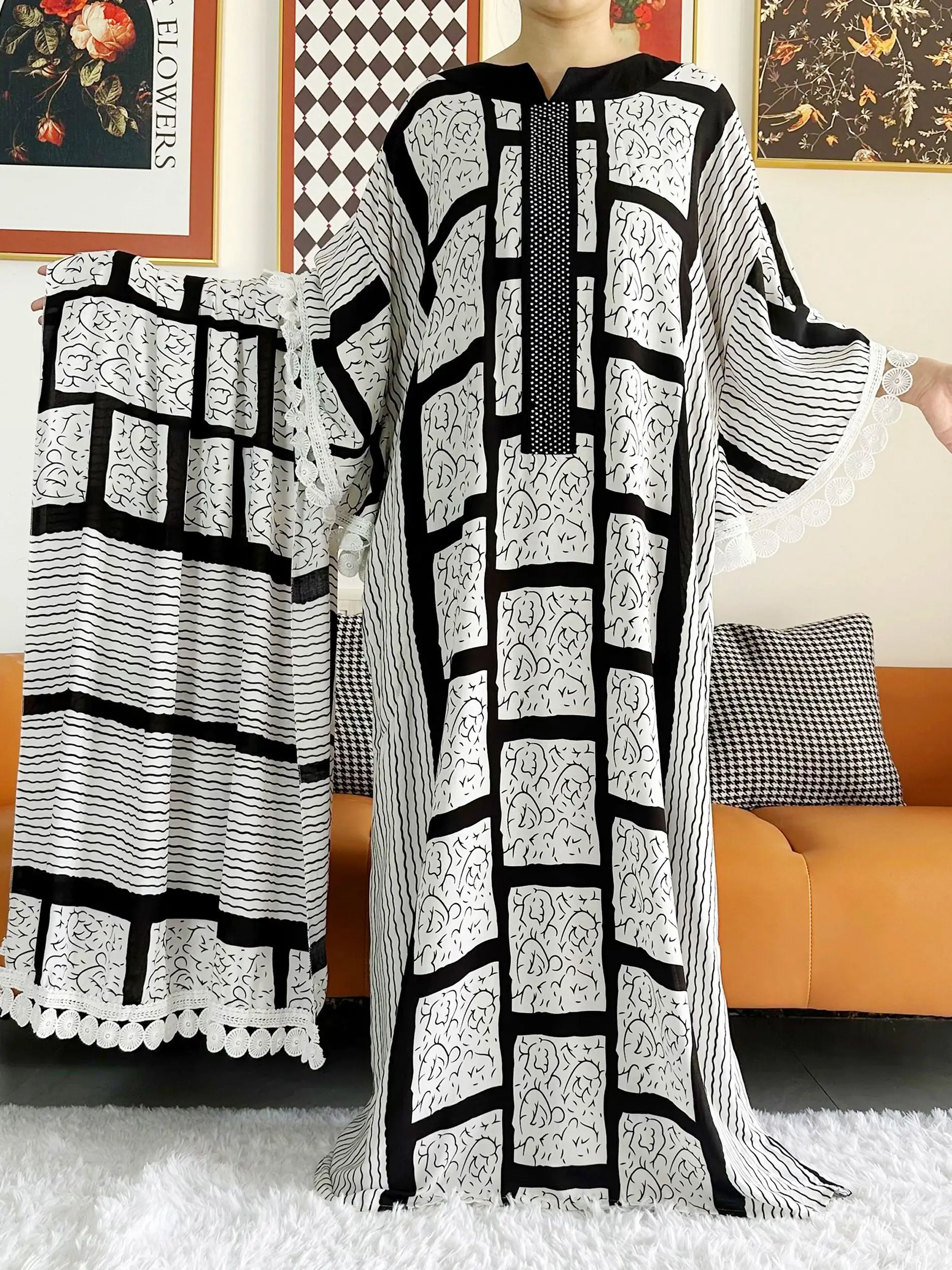 2023 African Lady Eid Dress with Big Scarf Cotton Wave Point Printed Loose Floral Boubou Maxi Islam Women Short Sleeve Abaya