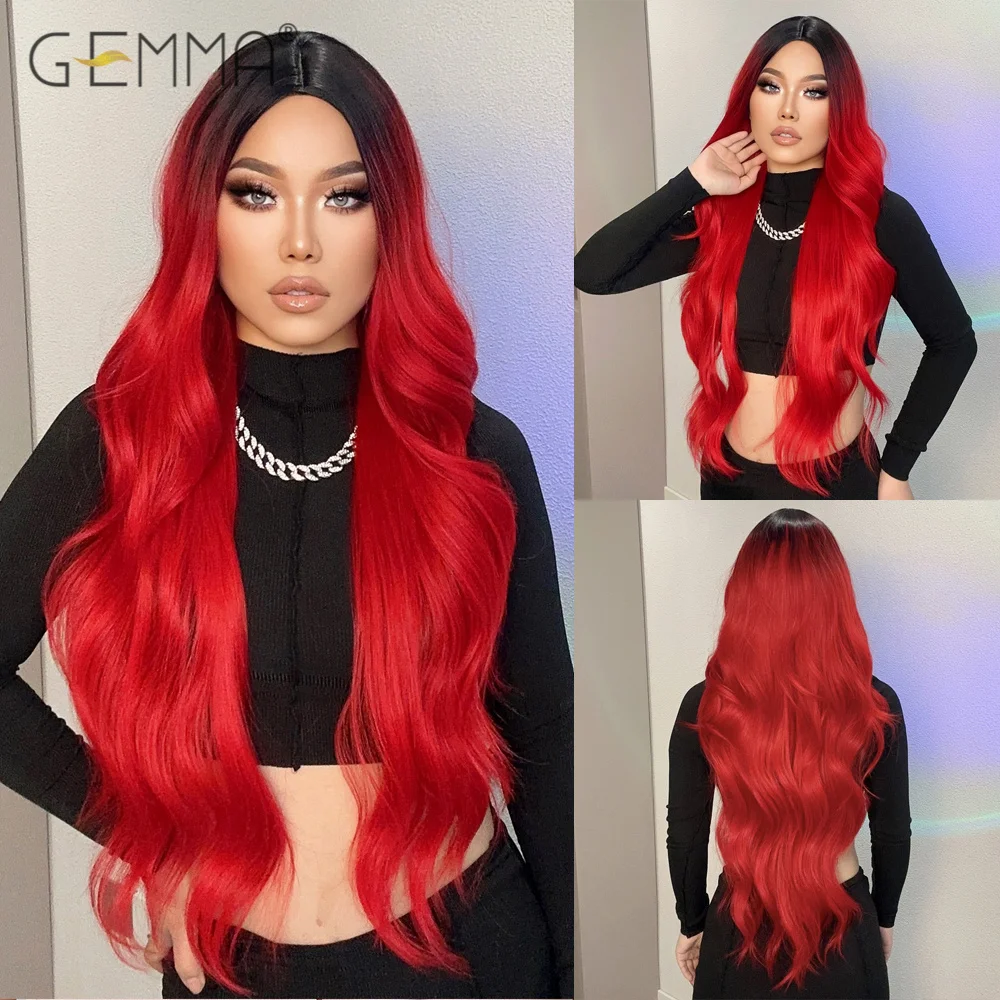 

Dark Red Synthetic Cosplay Wig Long Wavy Black Roots Wigs for Women Middle Part Natural Wave Part Daily Use Hair Heat Resistant