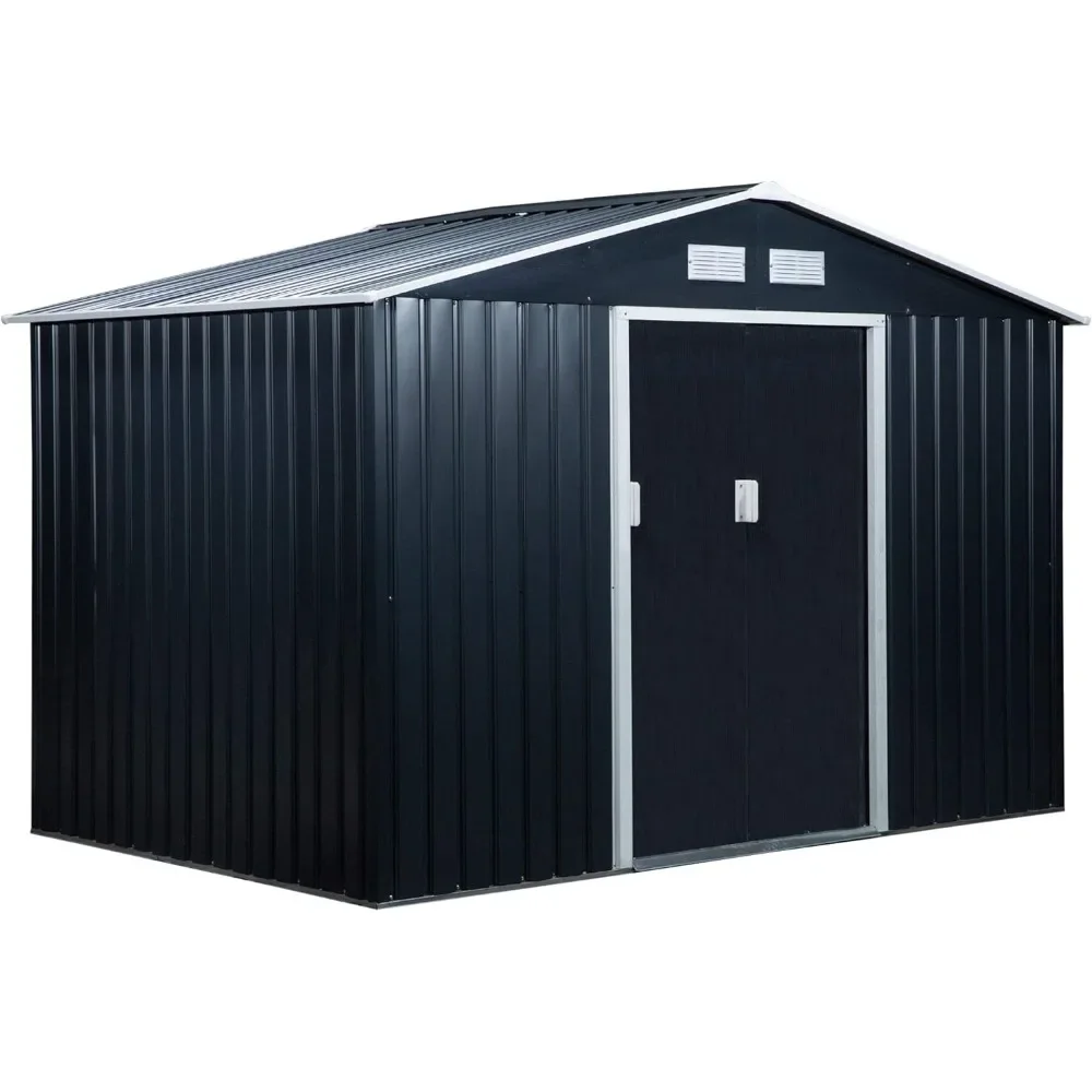 9' x 6' Outdoor Storage Shed, Garden Tool House with Foundation Kit, 4 Vents and 2 Easy Sliding Doors for Backyard, Dark Gray