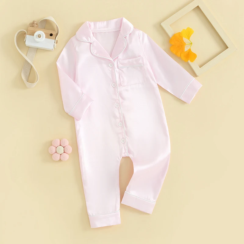 Kids Satin Pajamas Solid Color Button Long Sleeves Rompers Pants for Girls Boys Summer Loungewear Sleepwear