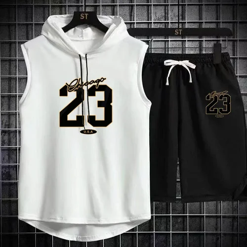 Traje deportivo de verano para hombre, nuevo modelo transpirable, estampado, holgado, transpirable, manga corta + pantalones cortos para correr, 2025