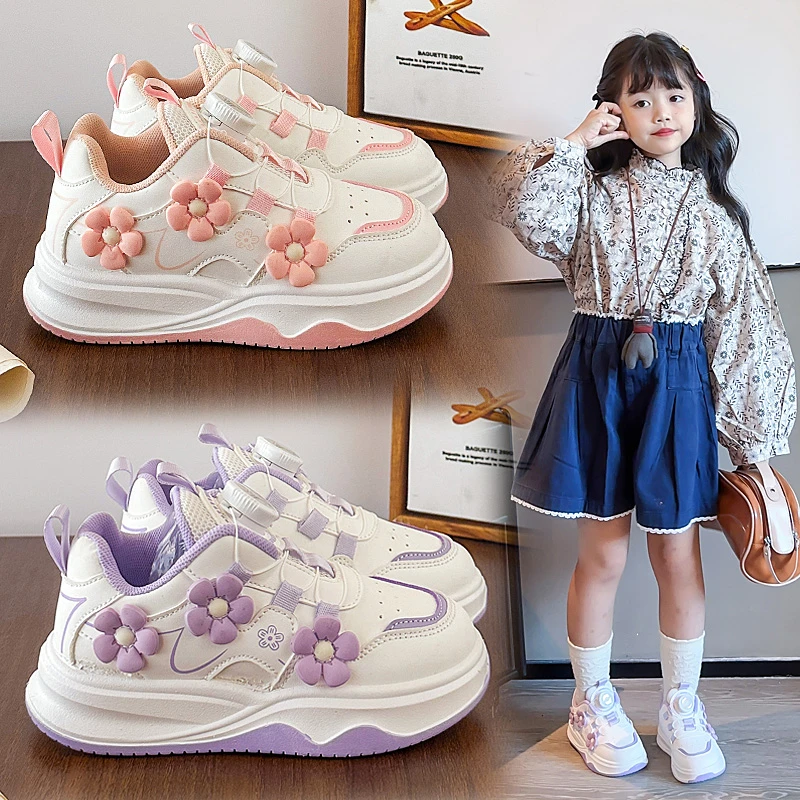 

Children's Sneakers 3-18 Years Old Four Seasons Models Pink Flowers Girls Single Shoes Purple Casual Non-slip Kids Board Shoes