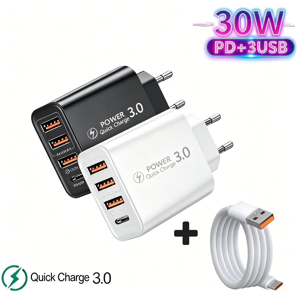 PD 30W Type C Fast Charging Charger Multi Ports Quick Charging Adapter For iPhone Xiaomi Huawei Samsung USB Mobile Phone Charger
