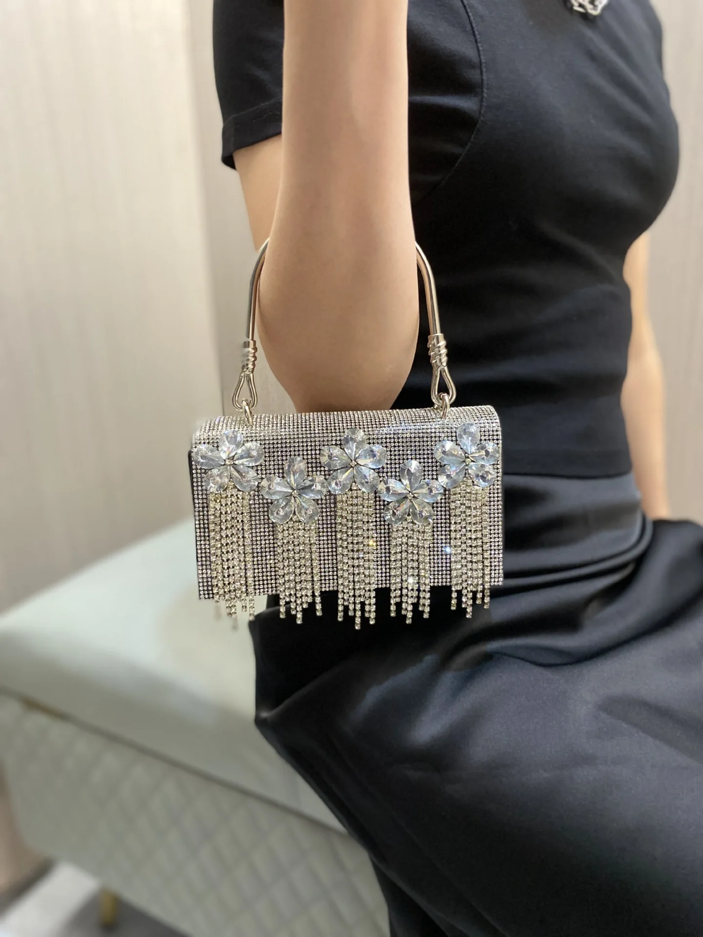 Rhinestone Clutch Luxury Tassel Evening Purse Bag Diamond Wedding Party Handbag Sliver Gold Handle Evening Bag free shipping