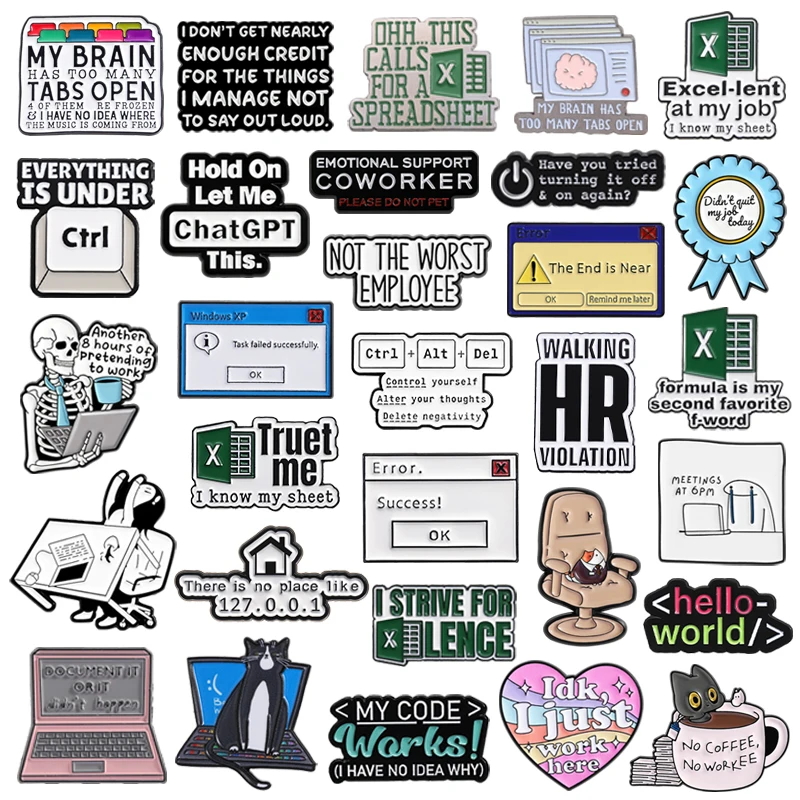 Funny Work Hard Enamel Pins System Error Computer Window Keyboard Shortcut Office Worker Brooches Lapel Badge Jewelry Gifts