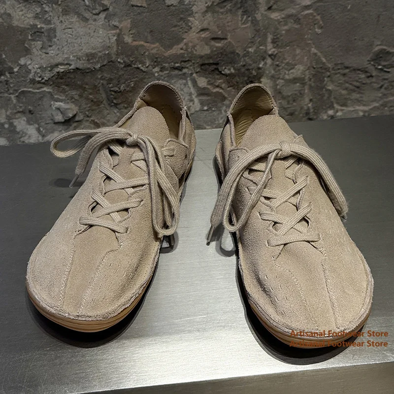 

Solid Color Suede Low-Top Casual Shoes Round Toe Lace-Up Sneakers Soft Leather Casual Shoes Trendy Handmade New In Men's Shoes