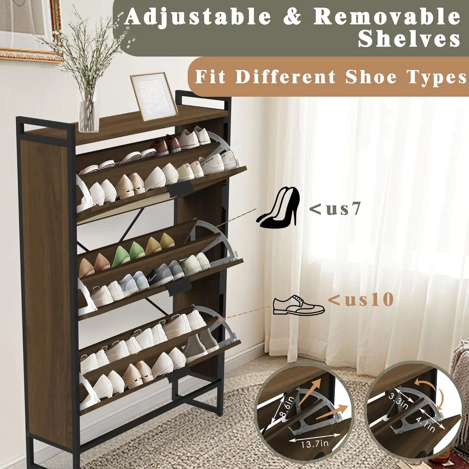 ตู้เก็บรองเท้าแบบตั้งพื้นขาเหล็ก พร้อมลิ้นชักแบบพับได้ 3 ชั้น สำหรับทางเข้าบ้าน ที่เก็บรองเท้าแบบซ่อน