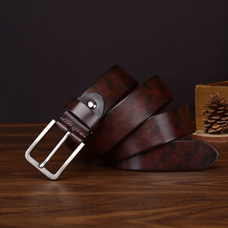 3.3cm Top Layer Cowhide Printed Belt Men's Vintage Genuine Leather Business Casual Pants Belt Men's Style Cinturones Hombre