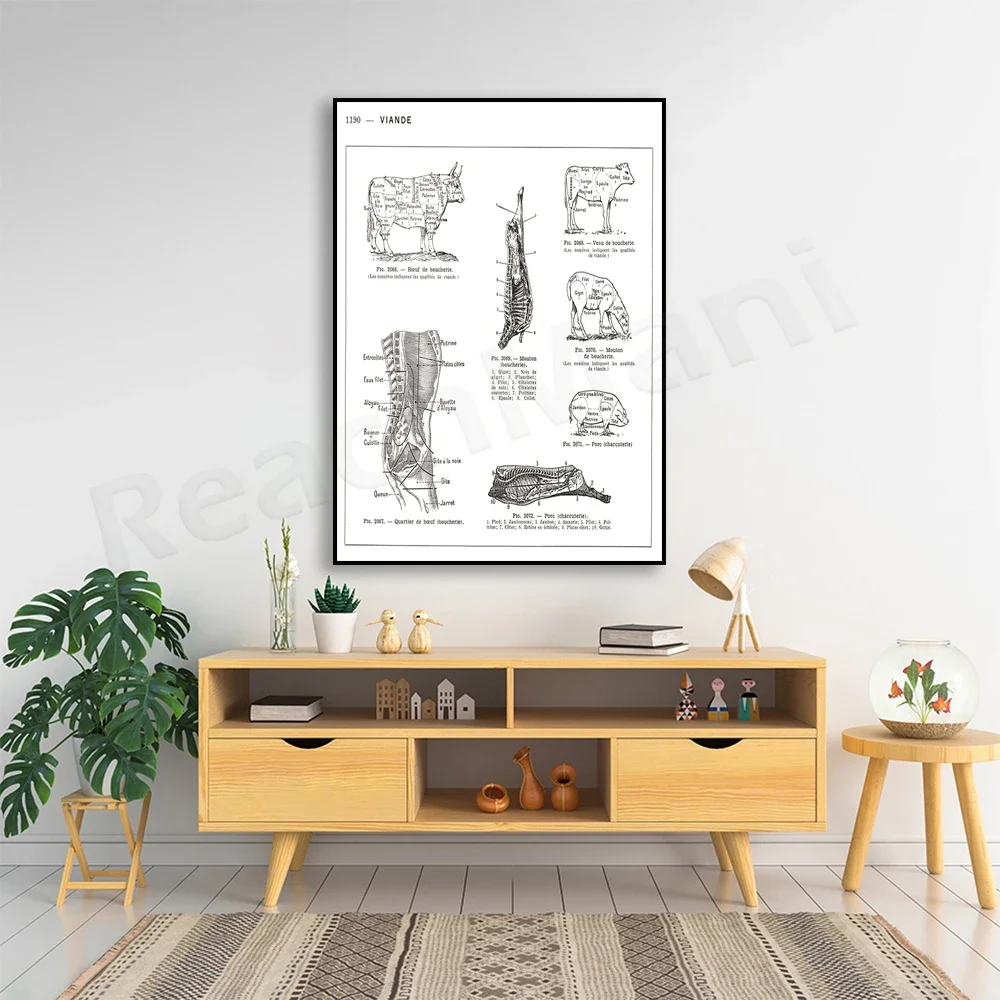 Poster „Französischer Metzger schneiden“. Rindfleisch Schweinefleisch Kalbfleisch Lamm schneidet Restaurant Metzger Diagramm Küche Dekor Geschenke