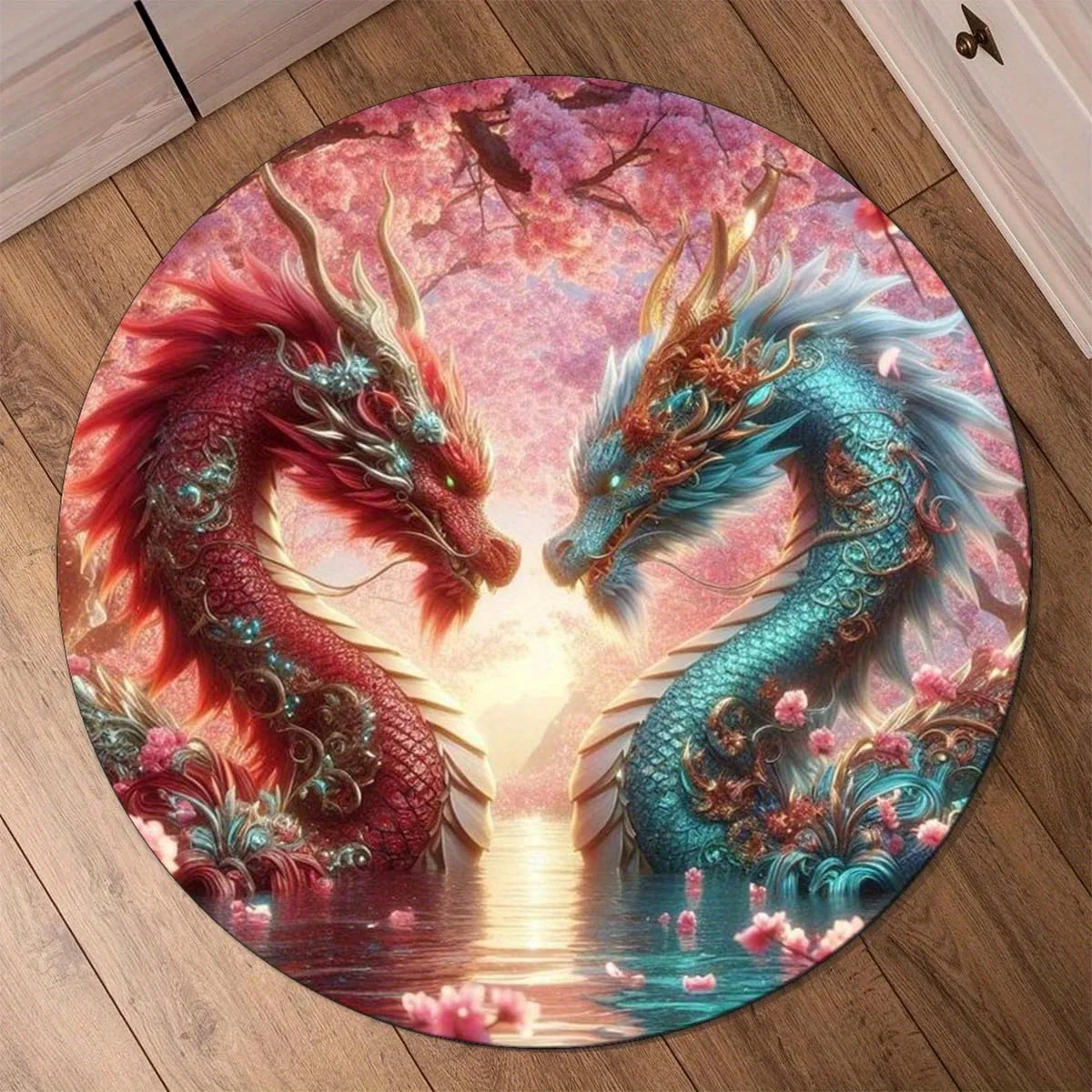 Dragon Pattern Round Rug, Non-Slip Washable Carpet for Bedroom Living Room Crystal Velvet, Home Decor Mat