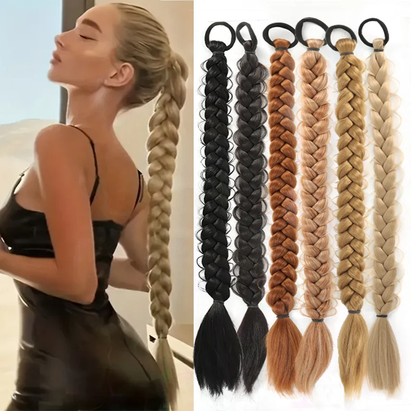 Synthetic Braided Ponytail Extensions With Elastic Band 24 Inch Fried Dough Twists Braid  Box Braided Hair Extensions For  Women