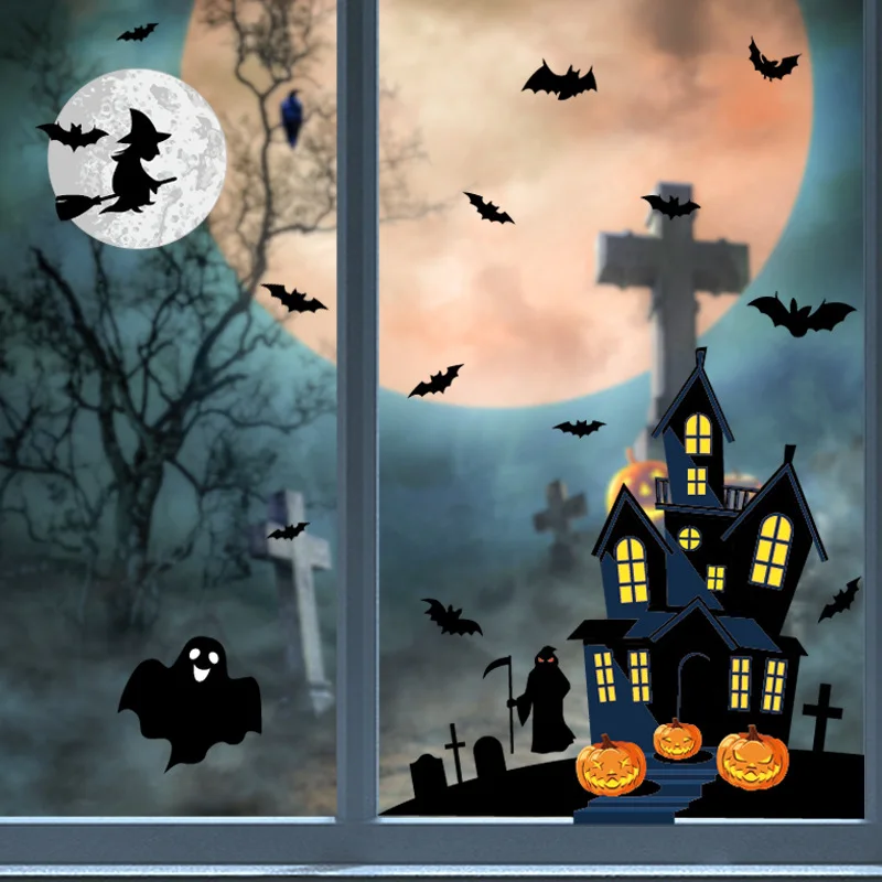 Pegatina electrostática de ventana de Halloween con diseño de murciélago fantasma y bruja, decorativa para casa embrujada y decoración del hogar