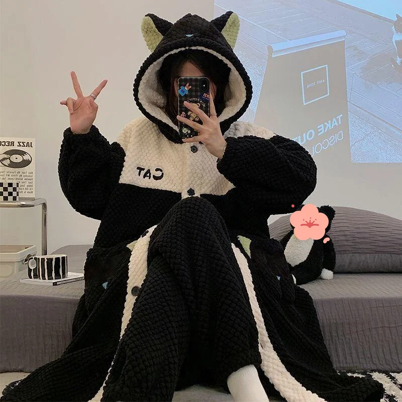 

Women's pajamas Comfortable Sleepwear Cotton Pajama Set winter autumn Coral Fleece Japanese Cat Robe Flannel Warm Home Suit
