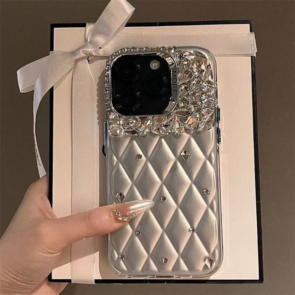 

Роскошный блестящий чехол с ромбовидным узором для iPhone 17 16 Pro Max 15 Plus 14 Pro 13 12 3D серебристый чехол премиум-класса со стразами