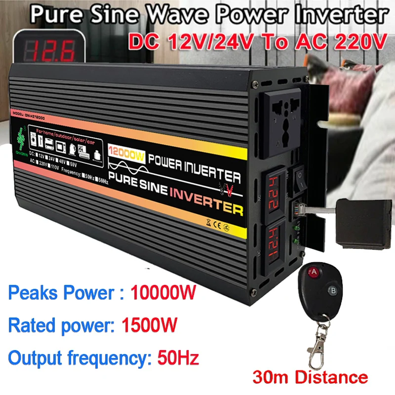 

10000W Pure Sine Wave Inverter DC 12V/24V/48V To AC 220V Portable LCD Converter Remote Control Solar for Car Home Power Inverter