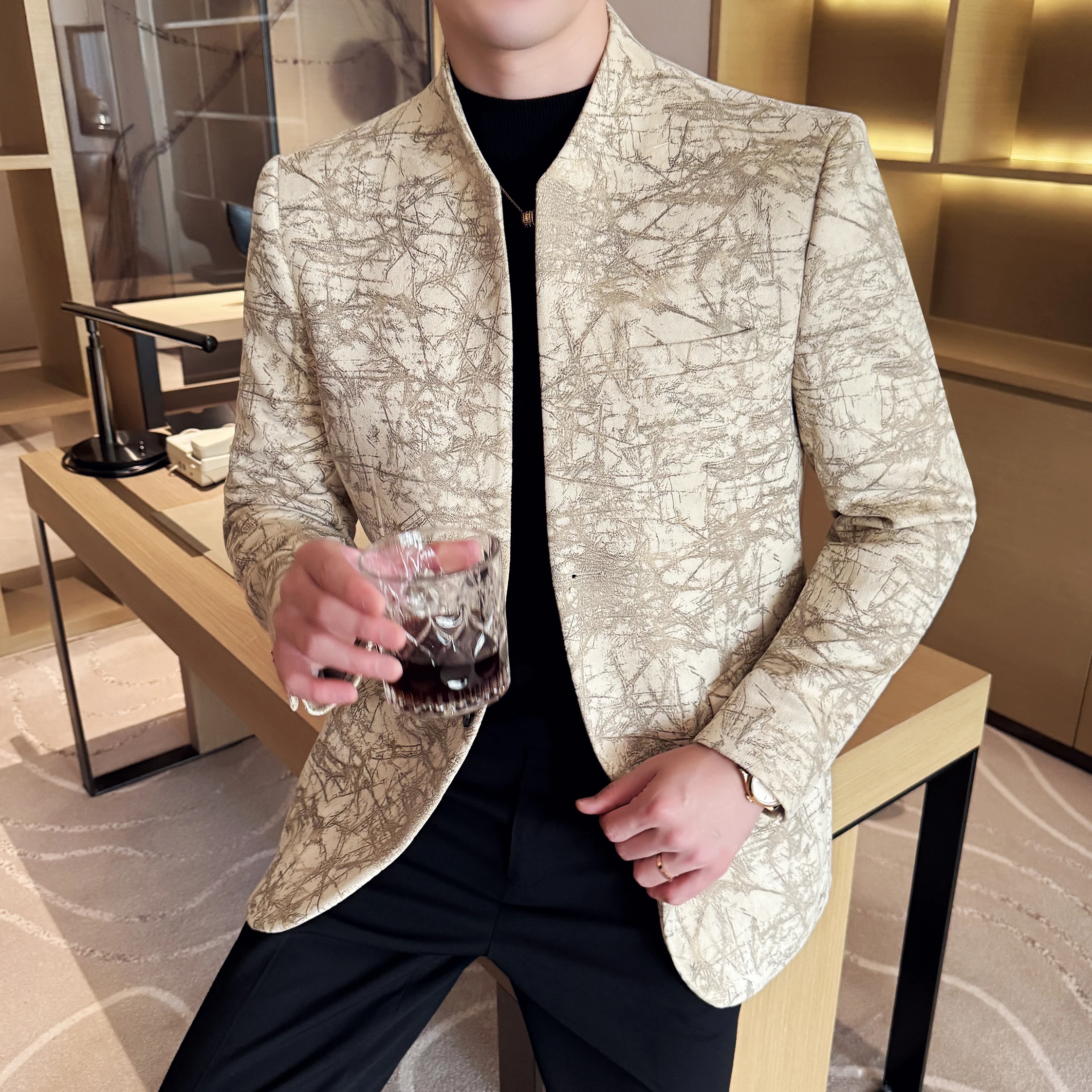 Nieuwe Chinese Stijl Opstaande Kraag Jacquard Pak Jassen Mannen Slanke Business Casual Mode Pakken Jas Formele Sociale Party Tuxedos