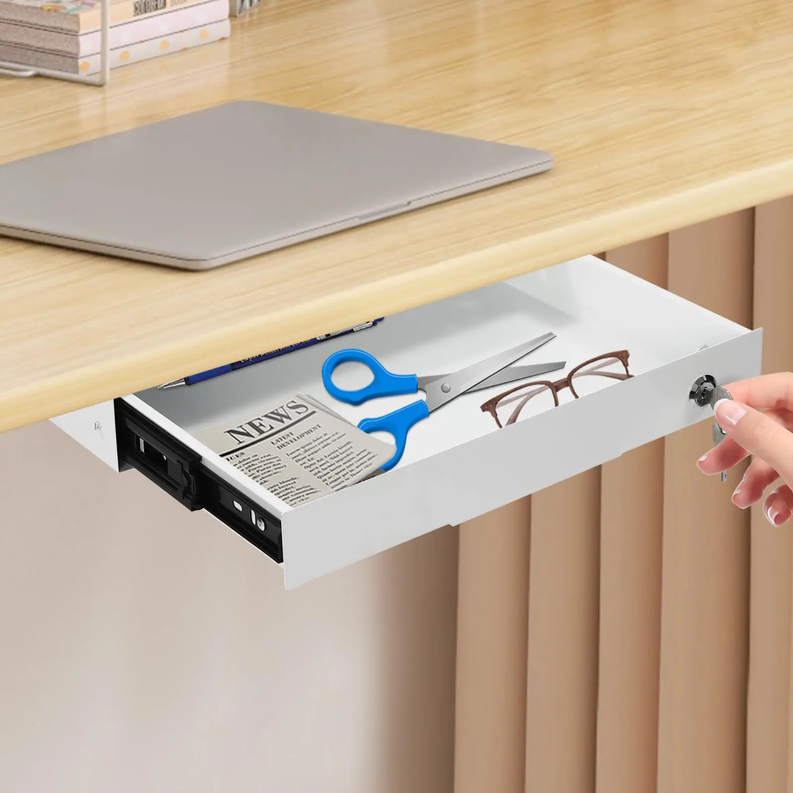 

14in under Desk Mounted Sliding Pull-Out Drawer with Shell for Office Desk, Pull-Out Drawer Storage Organizer with Lock for Sit