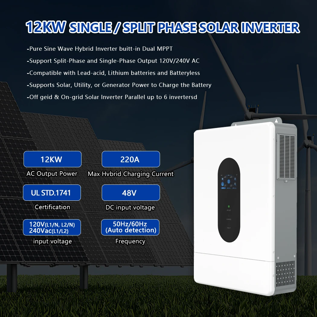 Y&H 12KW Hybrid Solar Inverter 48V Split Phase 120V/240VAC Inverter Parallel Support 6 Units, MPPT 200A Solar Charger PV 500VDC view 2