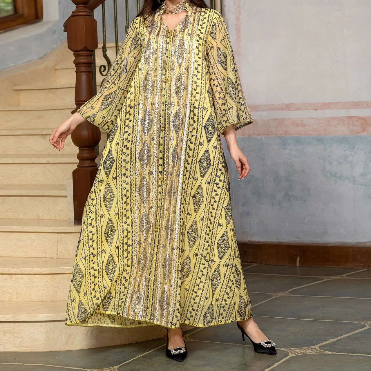 

2025 Muslim New Year mesh embroidered evening dress sequined stitching dress fashionable Dubai robe-GZXX625
