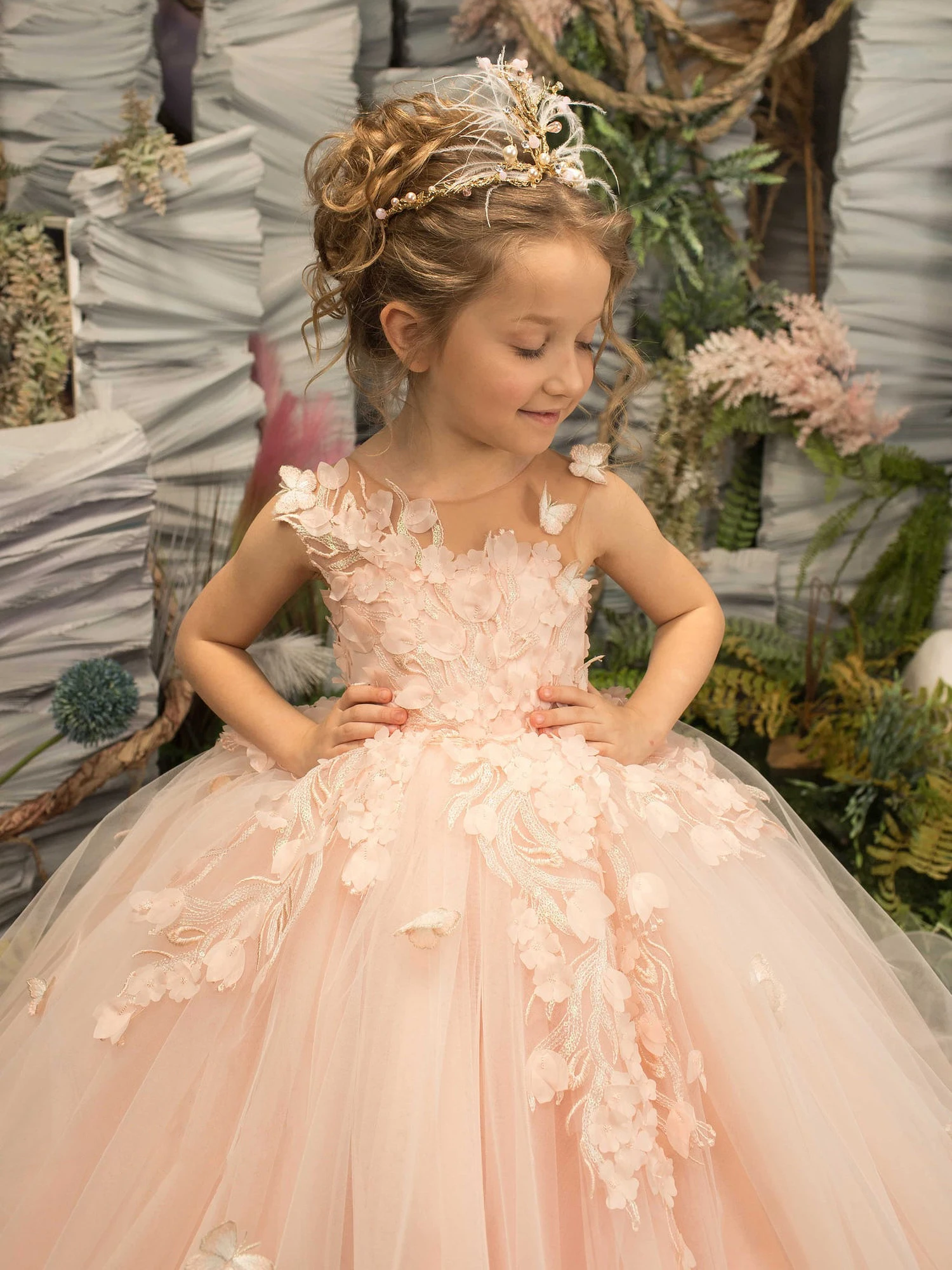 Pretty Dress Pink Flower Girl Dress Princess Lace Floral Appqulies Tulle Fluffy Skirt Floor Length Ball Gowns Comuunion Party