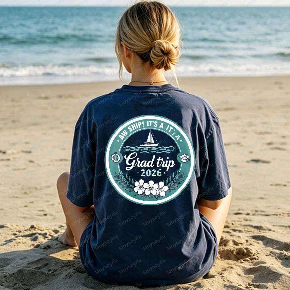 Fashion Grad Trip 2026 Sailboat and Flowers Design Unisex Cotton T-Shirt Beach Summer Casual Wear for Graduation Celebration Tee