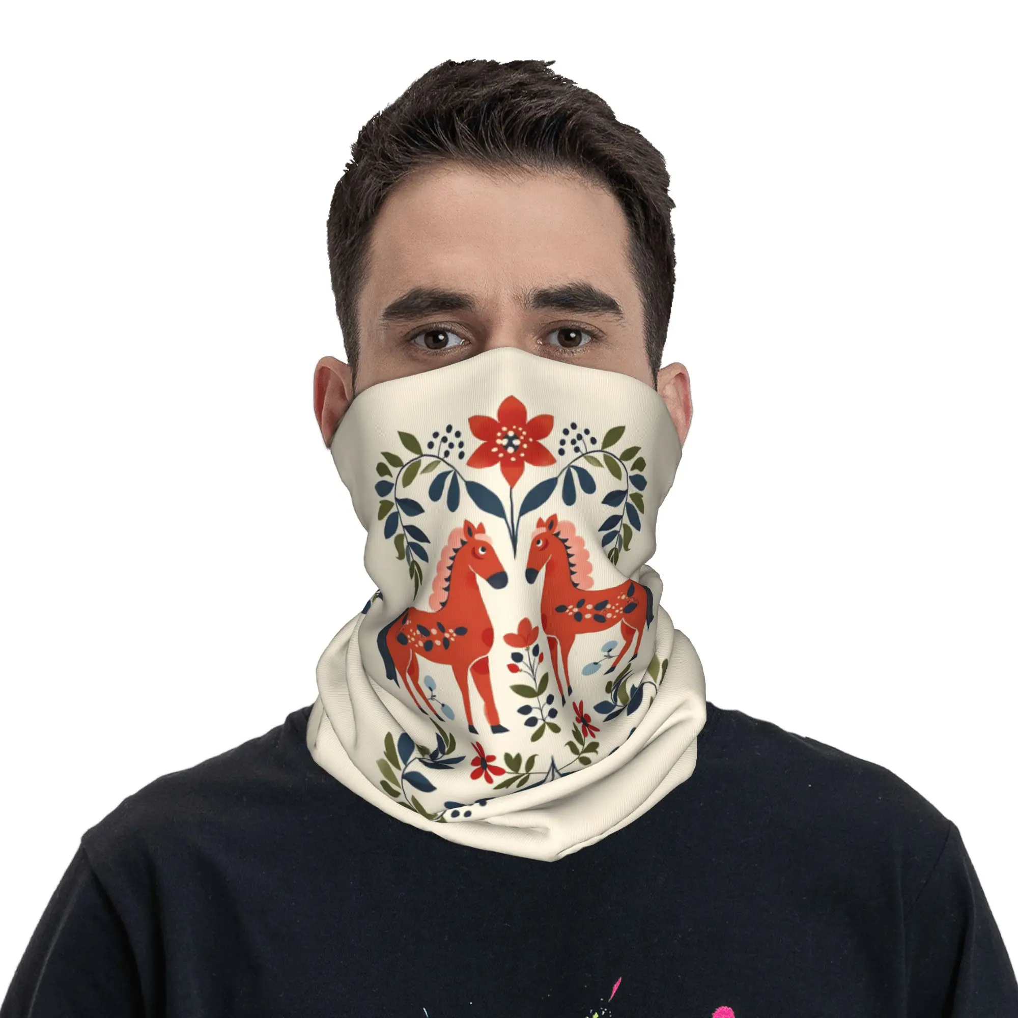 Swedish Dala Horses Floral Bandana Neck Cover Printed Mask Scarf Warm Face Mask Running Unisex Adult