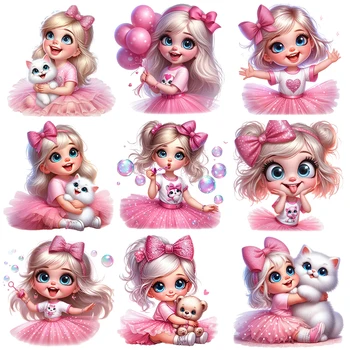 15 cm süßer rosafarbener Prinzessinnen-Mädchen-Wärmeübertragungsaufkleber zum Aufbügeln für Kleidung, bedrucktes Vinyl, Thermoapplikationen, waschbarer T-Shirt-Aufkleber