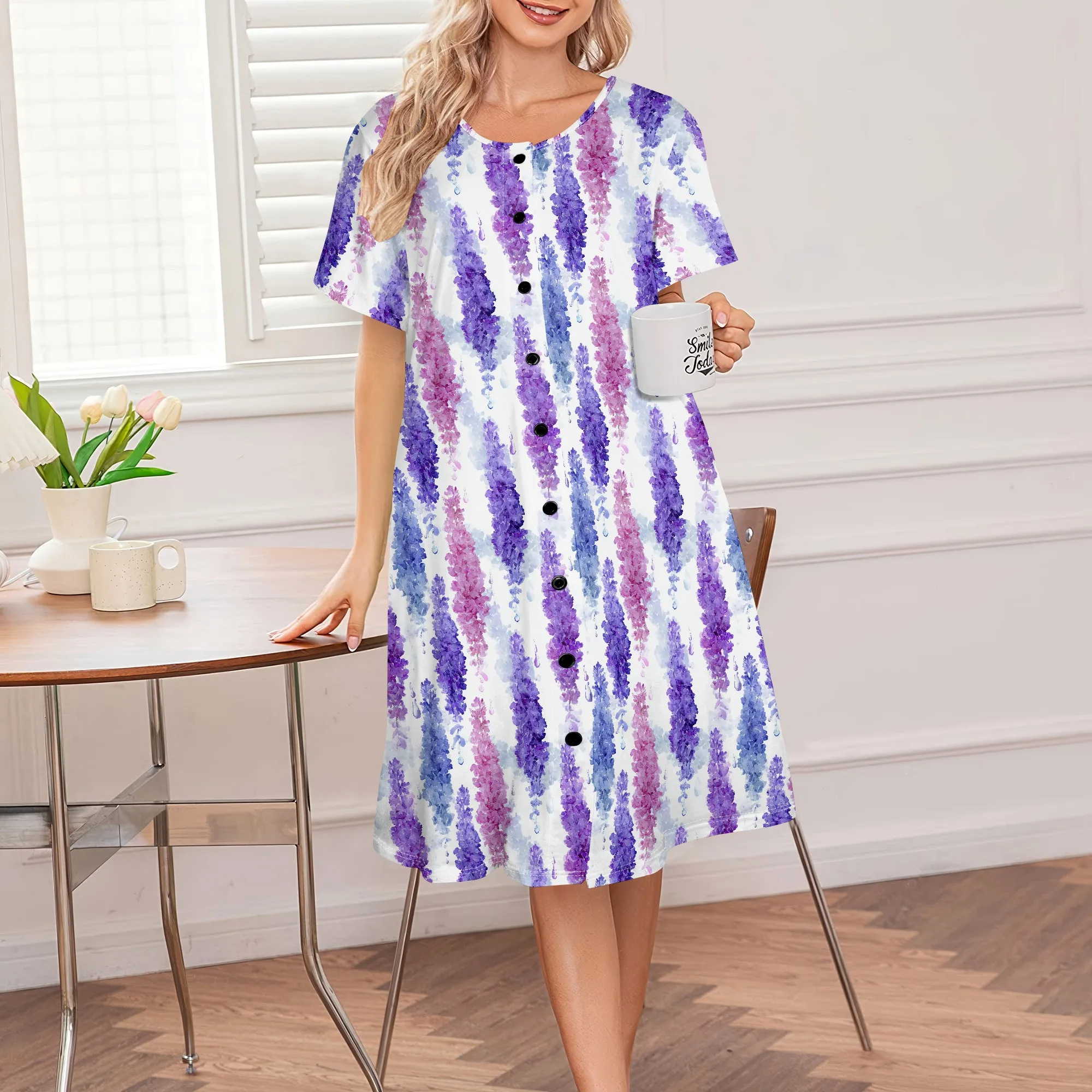 

Women's Floral Striped Button-Down Dress Casual Short Sleeve S-3XL