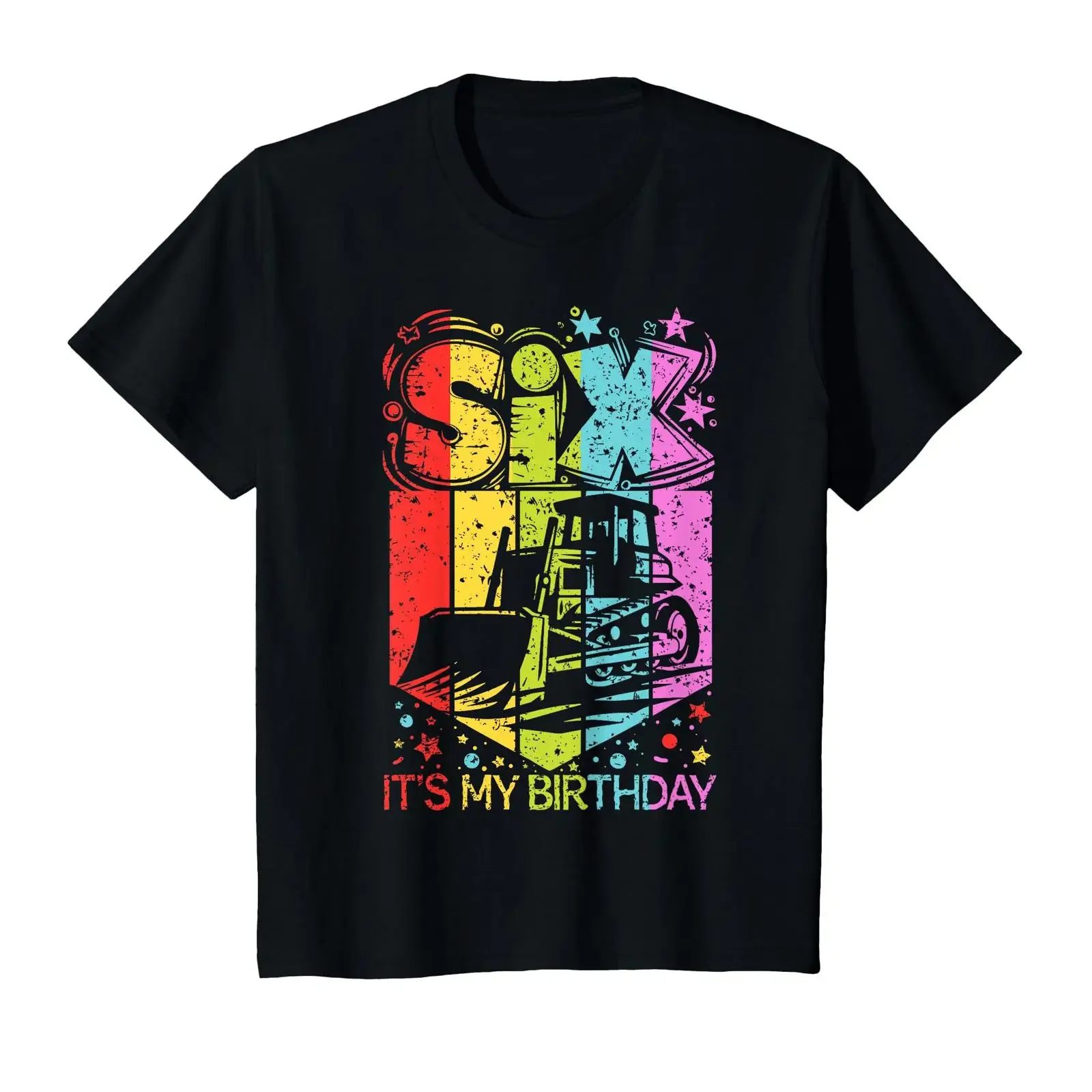 Kids 6th Birthday Boy Girl Six 6 Years Old Bulldozer T Shirt vintage Washed Breathable Soft fashion Stretched Unisex homme