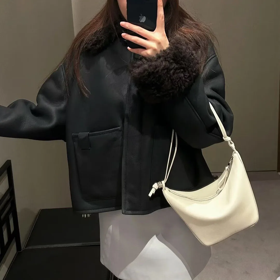 럭셔리 최고급 100% 천연 양가죽 모피 코트 여성용 울 라펠 패치워크 긴 소매 플리스 따뜻한 두꺼운 양면 모피 재킷