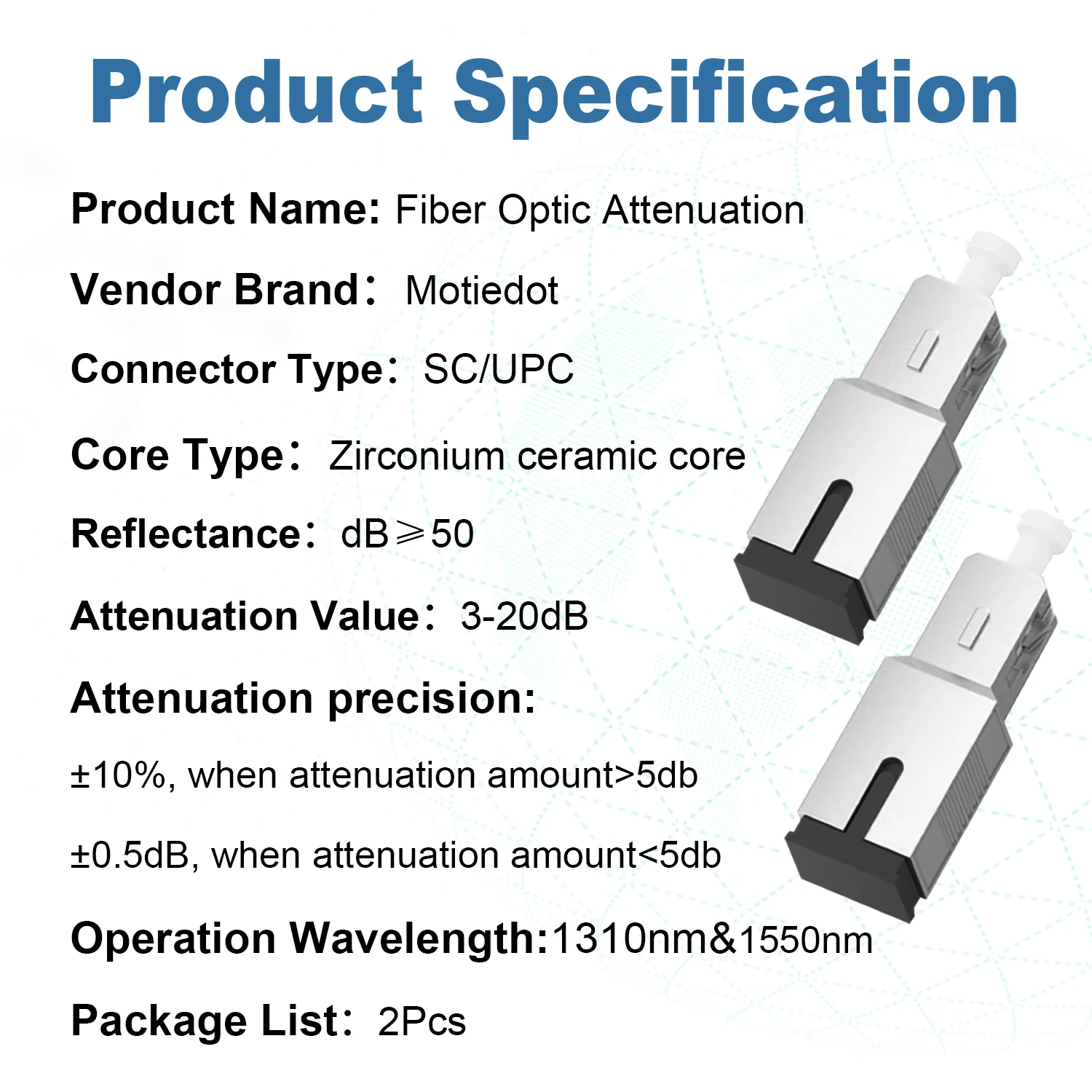 SC UPC atenuador de fibra óptica, atenuador fixo de modo único, insere conector, FTTH, fêmea para macho, 3dB, 5dB, 7dB, 10dB, 15dB, 20dB, 2pcs