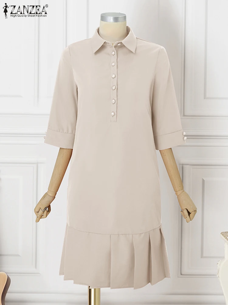 2025ZANZEA Vrouwen Zomer Shirt Jurk 3/4 Mouw Effen Kleur Knielange Zonnejurk Casual Losse Knoppen Party OL Elegante vestidos