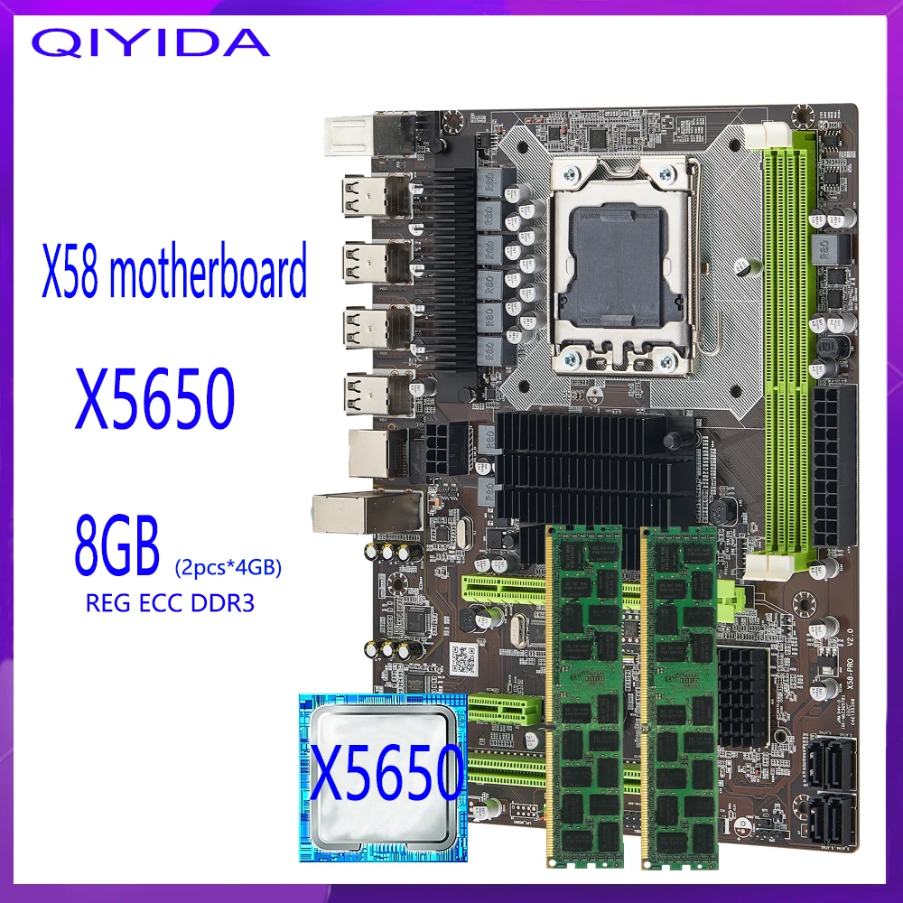 X58 motherboard LGA1366 set kit with xeon X5650 processor and 8Gb(2pcs*4GB) ECC DDR3 1333mhz 10600R RAM memory