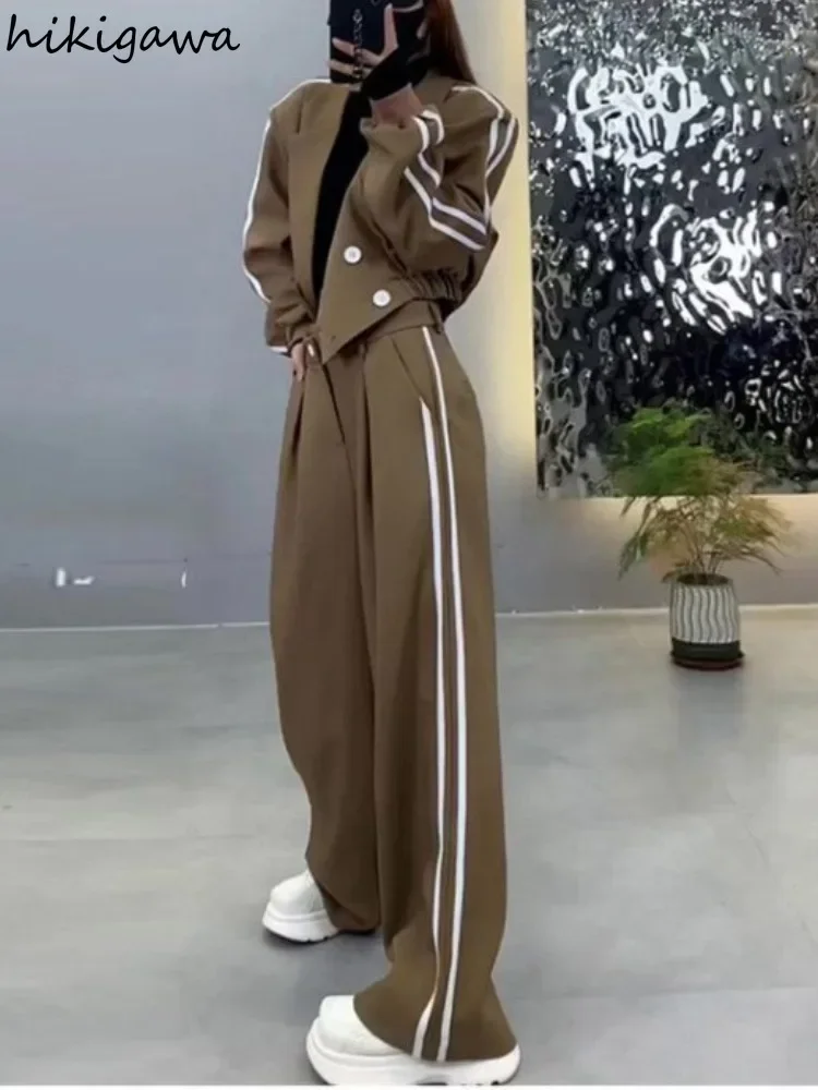 Korean Roupas Femme Pants Outfits Chic Two Piece Sets Women\'s Clothing Double-breasted Crop Coat Y2k Wide Leg Pants Casual Suit